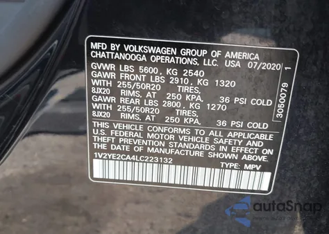 2020 Volkswagen Atlas Cross Sport 3.6L V6 Se W/Technology/3.6L V6 Se W/Technology R-Line из США, поврежденный, VIN 1V2YE2CA4LC223132